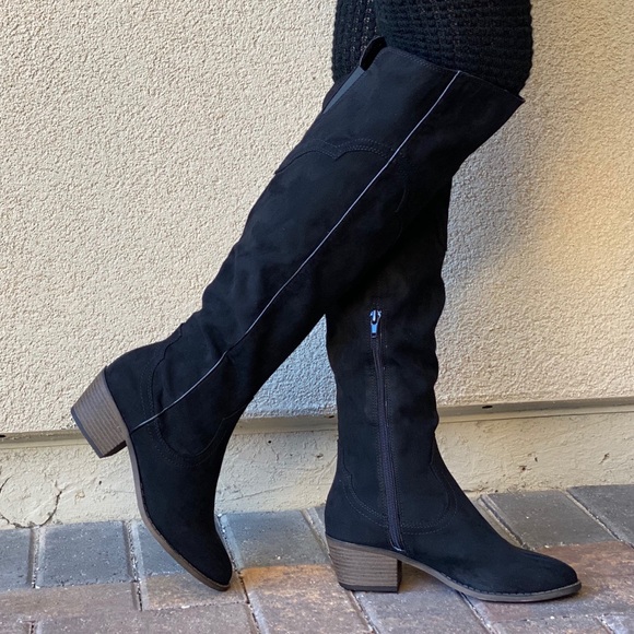 Black Western Style Over The Knee Low Heel Boots - Picture 2 of 12